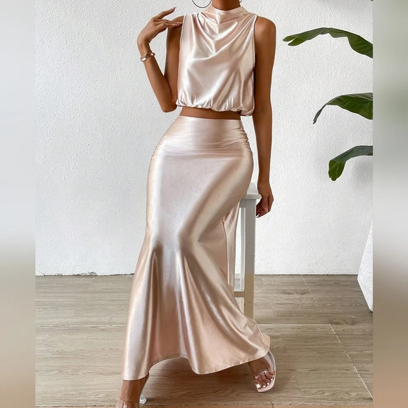 Solid Satin Draped Front Blouse & Skirt - Picture 1 of 5
